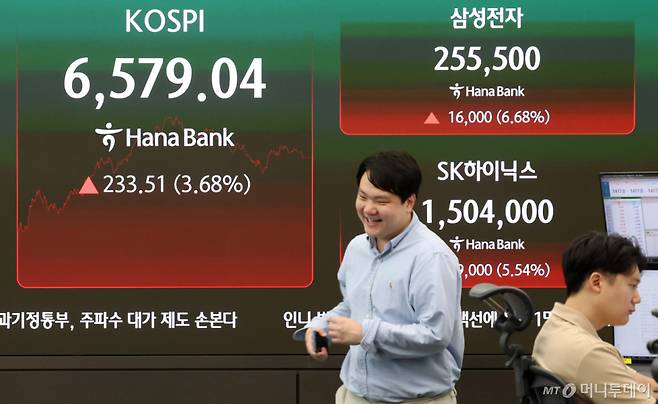 [서울=뉴시스] 이영환 기자 = 코스피가 전 거래일보다 233.51포인트(3.68%) 오른 6759.04에 마감한 12일 오후 서울 중구 하나은행 딜링룸 전광판에 코스피 및 삼성전자, SK하이닉스의 종가가 표시되어 있다.  2026.08.12./사진=이영환