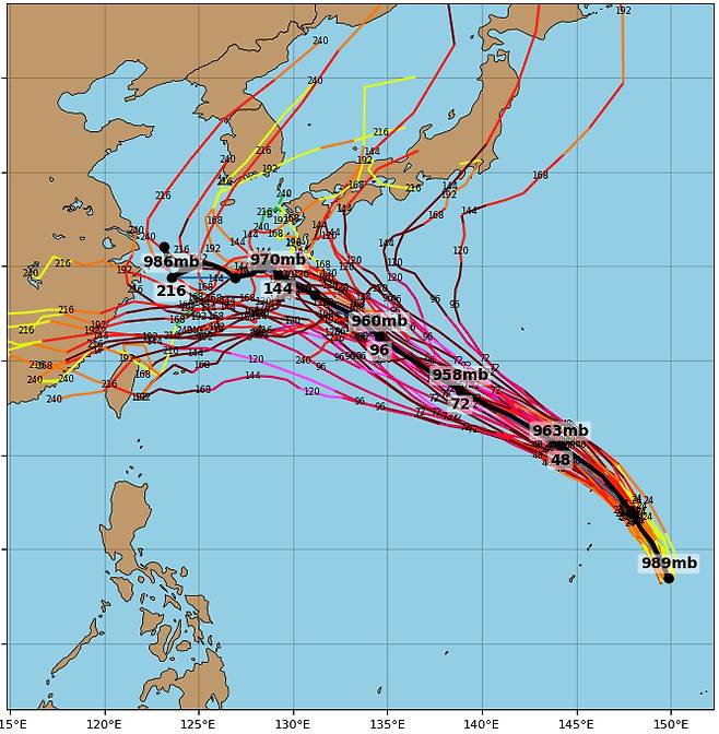 태풍 '사우델' GFS 앙상블 예측 [출처 : tropicaltidbits]