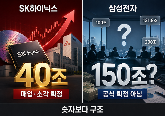 SK하이닉스의 40조원 규모 자사주 매입·소각안과 삼성전자의 ‘150조원 안팎’ 주주환원설을 비교한 이미지. ChatGPT 생성