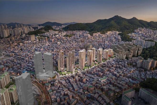 서울 동작구 사당동 305-35 일대 재개발 사업 조감도. 기존 노후 저층주거지가 재개발을 통해 약 970가구의 아파트단지로 탈바꿈한다. 서울시 제공