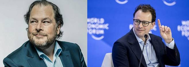 왼쪽부터 마크 베니오프 세일즈포스 회장 겸 CEO와 다리오 아모데이 앤스로픽 공동창업자 겸 CEO. 사진=세일즈포스, AFP