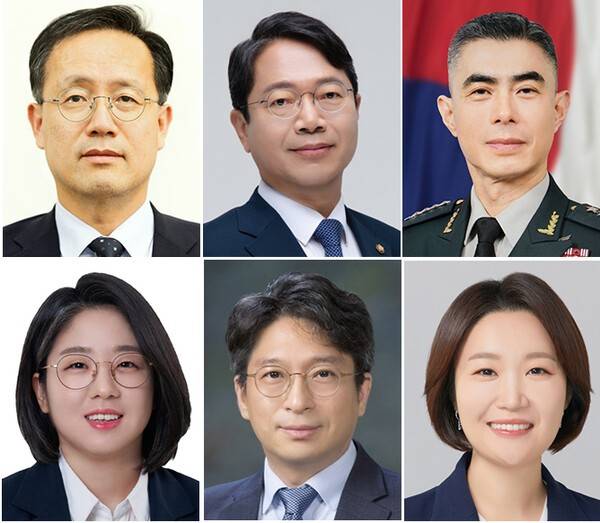 청와대는 이재명 대통령이 30일 경제부총리 겸 재정경제부 장관을 포함한 6곳의 장관 후보자를 지명했다고 밝혔다. 윗줄 왼쪽부터 재정경재부 장관 후보로 지명된 이형일 1차관, 법무부 장관 후보로 지명된 더불어민주당 김승원 의원, 국방부 장관 후보로 지명된 강신철 전 연합사 부사령관. 아랫줄 왼쪽부터 성평등가족부 장관 후보로 지명된 기본소득당 용혜인 의원, 국토부 장관 후보로 지명된 홍지선 2차관, 중소벤처기업부 장관 후보로 지명된 민주당 이소영 의원. [출처=연합]