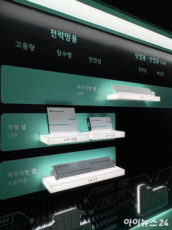 서울 코엑스에서 열린 '인터배터리 2026' LG에너지솔루션 부스에서 전력망용 에너지저장장치(ESS) 배터리 라인업이 전시돼 있다. [사진=권서아 기자]