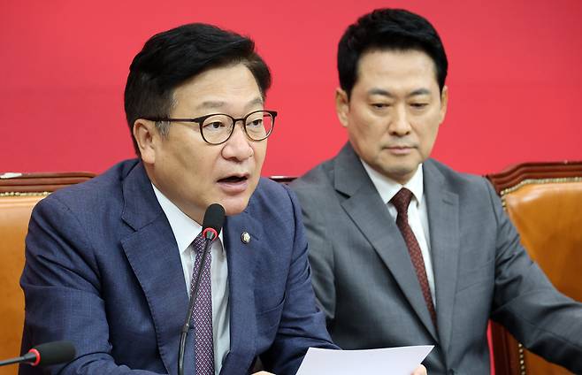 정점식 국민의힘 원내대표가 31일 국회에서 열린 최고위원회의에서 발언하고 있다. [연합]