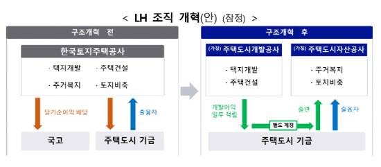 정부의 한국토지주택공사(LH) 분리 개편 방안.