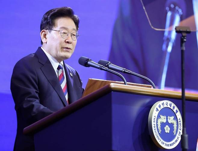 이재명 대통령이 2일 인천 영종도 인스파이어 리조트에서 열린 제22기 민주평통 미주지역 회의에서 격려사를 하고 있다. 2026.9.2 연합뉴스