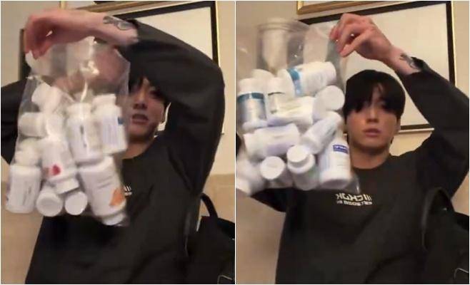 Jungkook, membro do BTS, revelou a nécessaire que costuma carregar consigo. Weverse Live