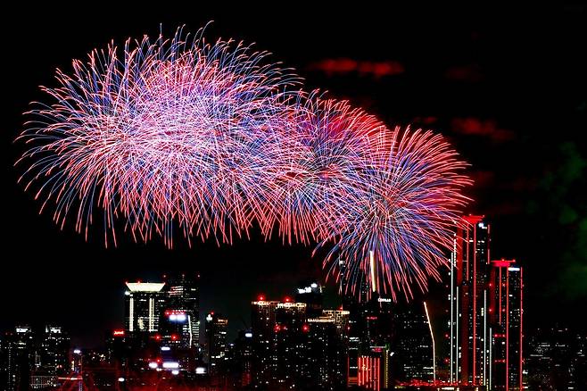 작년 9월 27일 오후 서울 여의도 한강공원 일대에서 열린 ‘2025 서울세계불꽃축제’에서 화려한 불꽃이 밤하늘을 수놓고 있다. 2025.9.27 뉴스1