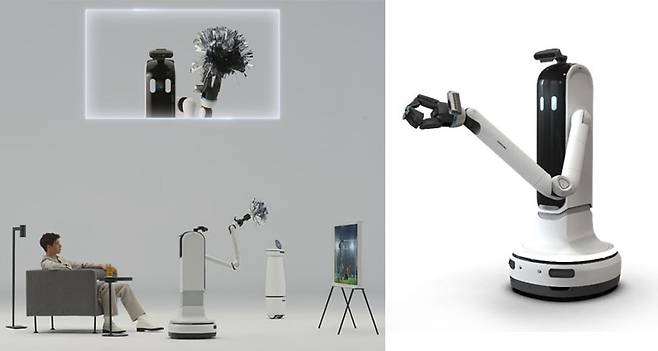 삼성 봇 핸디가 먼지털이개를 들고 집 안의 먼지를 제거하고 있다.(왼쪽) 삼성 봇 핸디가 주목을 쥐고 있다.(오른쪽) 삼성전자