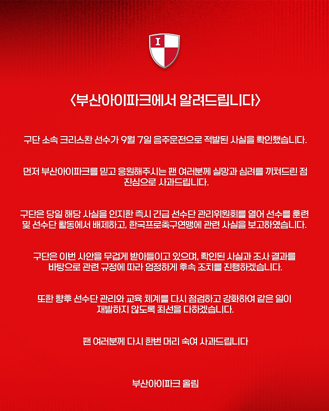 8일 외국인 공격수 크리스찬의 음주운전 관련 소식을 전한 부산. 사진=부산 SNS