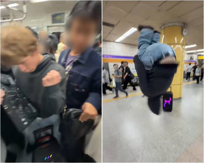하차하려는 승객을 가로막고 춤추는 틱톡커(왼쪽), 승강장에서 백플립을 하는 틱톡커(오른쪽) [틱톡 @simon.bth 캡처]