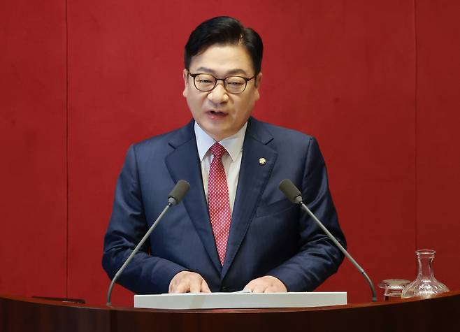 국민의힘 정점식 원내대표가 8일 서울 여의도 국회에서 열린 본회의에서 교섭단체 대표연설을 하고 있다.  /남강호 기자
