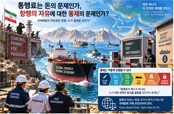 통행료는 돈의 문제인가, 항행의 자유에 대한 통제의 문제인가에 대한 설명도. 김태준 한반도안보문제연구소장 AI 그림