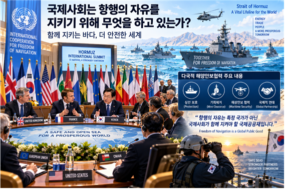 국제사회는 항행자유를 지키기 위해 무엇을 하고 있는가에 대한 설명도. 김태준 한반도안보문제연구소장 AI 그림