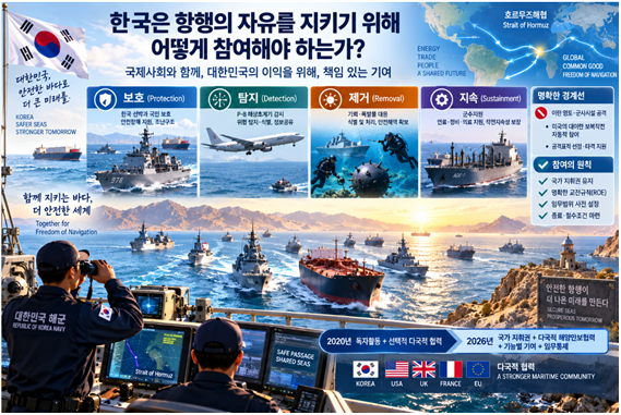 한국은 항행의 자유를 지키기 위해 어떻게 참여해야 하는가에 대한 설명도. 김태준 한반도안보문제연구소장 AI 그림
