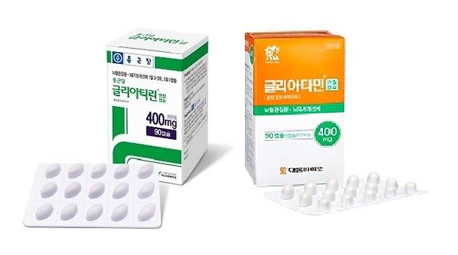 뇌기능 개선제 콜린알포세레이트 시장의 1, 2위를 차지하고 있는 대웅바이오의 글리아타민(오른쪽)과 종근당의 글리아티린(왼쪽) /사진=종근당 및 대웅바이오