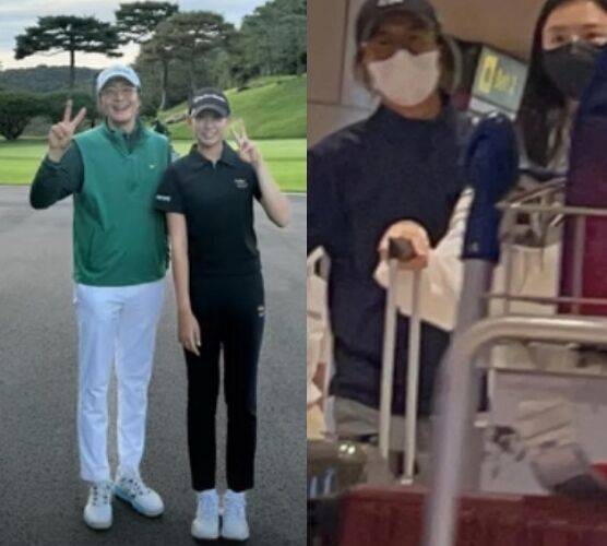 배우 배용준이 아마추어 골퍼 김서아와 인증사진을 담겼고(왼쪽), 배용준의 백발 근황이 담겼다. / 김서아 소셜미디어 및 연합조보