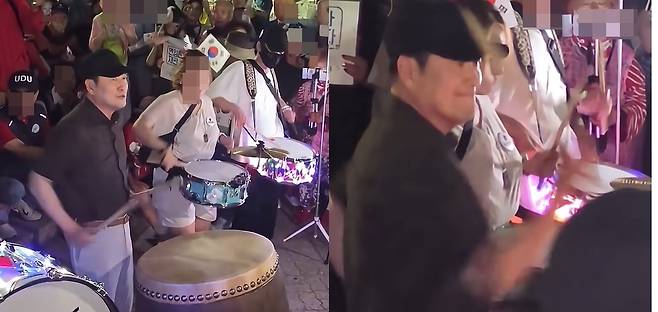 국민의힘 장동혁 대표가 지난 7일 올림픽 공원을 찾아 '투표용지 부족사태' 시위대와 함께 북을 치고 있는 모습.  (고성국 TV 갈무리·  재판매 및 DB금지) ⓒ 뉴스1