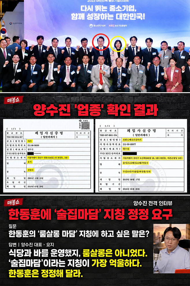(사진 맨 위) 2023년 5월 24일 용산 대통령실에서 열린 대한민국 중소기업인대회에 윤석열 전 대통령과 단체사진을 찍은 양모 씨. 양씨는 윤석열 옆의 인사가 자신이라고 밝혔다. (사진 가운데) 양씨가 운영했던 업소 ‘야기’와 ‘프뤼드메르키친야기’의 폐업사실증명.[유튜브 ‘봉지욱의 매봉쇼’]