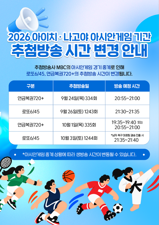 ** [긴급 공지] 아시안게임 때문에 로또·연금복권 추첨시간 대폭 변경! 놓치면 후회할 주요 회차와 시간은?
**