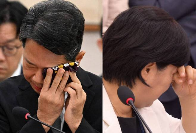 김승원 법무부 장관 후보자가 15일 서울 여의도 국회 법제사법위원회에서 열린 인사청문회에서 눈물을 닦고 있다. 유튜브 펜앤마이크TV 영상 갈무리