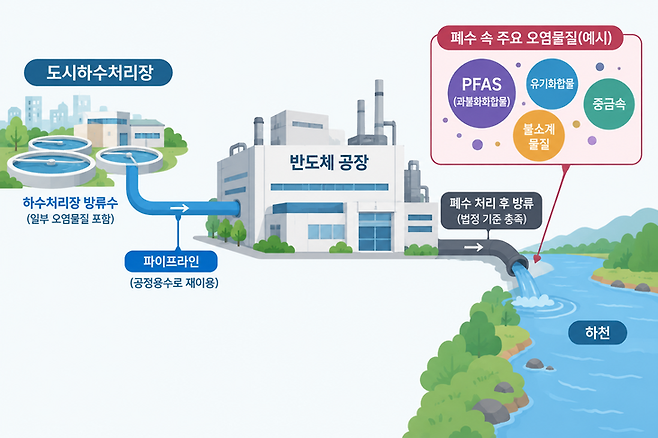 ▲반도체 공장의 하수 재이용 및 폐수 처리 후 방류 과정.  (자료=쳇GPT 이미지)