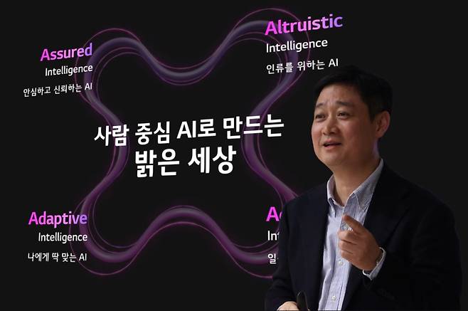 홍범식 LG유플러스 사장이 지난해 열린&nbsp;MWC25에서&nbsp;LG유플러스의&nbsp;AX&nbsp;전략을 소개하고 있다. [사진=LGU+]