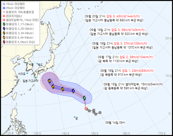 제25호 태풍 '두쥐안' 예상 이동 경로. 기상청 제공