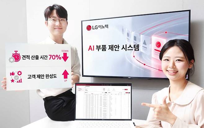 LG이노텍 직원들이 ‘AI 부품 제안 시스템’을 소개하고 있다. 방대한 사내외 부품 데이터를 AI로 분석해, 부품별 사양과 가격을 한눈에 비교할 수 있는 시스템이다. LG이노텍 제공