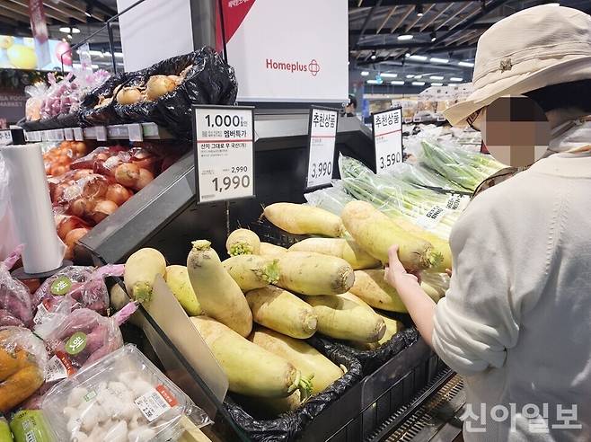 고객이 홈플러스 강서점에서 무를 보고 있다. [사진=신현숙 기자]