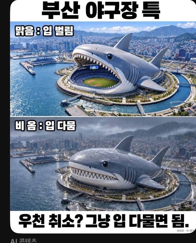 AI-generated images of a shark-shaped dome stadium at North Port, Busan SCREEN CAPTURE