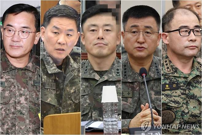 '국회·선관위 병력투입' 군 지휘관들 실형 여인형 전 국군방첩사령관(왼쪽부터), 이진우 전 국군수도방위사령관, 문상호 전 국군정보사령관, 박안수 전 육군참모총장, 곽종근 전 육군특수전사령관 [헌법재판소 제공·연합뉴스 자료사진. 재판매 및 DB 금지]