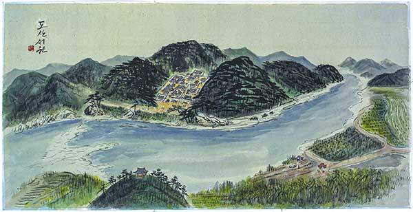 도산서원. 부드럽게 굽이치는 낙동강과 봉긋봉긋한 도산의 산들. 도산의 품에 안기듯 들어선 도산서원. 서원의 강 건너편에는 퇴계의 제사를 지내고 과거시험을 치렀던 시사단試士壇. 강에는 풍경이 가득하고 서원에는 책이 가득하다. 그림 이호신 화백.