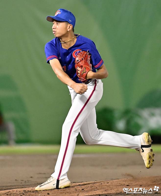 대만 야구 국가대표팀 투수 린이웨이가 21일 일본 아이치현의 오카자키 시민구장에서 열린 2026 아이치·나고야 아시안게임 조별리그 B조 1차전에 한국전에 선발등판, 5이닝 1실점으로 호투했다. 사진 김한준 기자