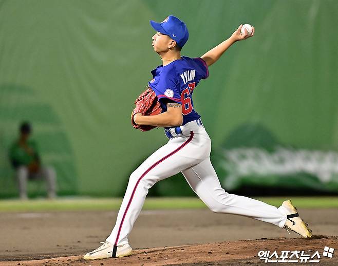 대만 야구 국가대표팀 투수 린이웨이가 21일 일본 아이치현의 오카자키 시민구장에서 열린 2026 아이치·나고야 아시안게임 조별리그 B조 1차전에 한국전에 선발등판, 5이닝 1실점으로 호투했다. 사진 김한준 기자