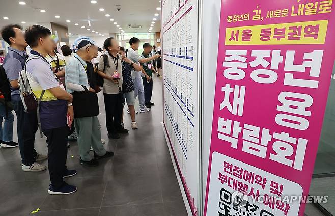 나에게 맞는 일자리는? 8월 26일 서울 광진구 서울시50플러스 동부캠퍼스에서 열린 '2026 서울 동부권역 중장년 채용박람회'를 찾은 구직자들이 채용공고판을 살펴보고 있다. [연합뉴스 자료사진]