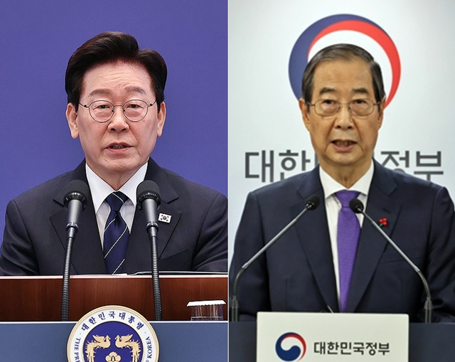 이재명 대통령이 지난 9월 18일 청와대 영빈관에서 대국민 기자회견하는 모습(왼쪽), 한덕수 전 국무총리가 탄핵소추된 윤석열 전 대통령의 권한대행을 맡고 있던 2024년 12월 26일 정부서울청사에서 대국민담화로 “여야가 합의해 안을 제출할 때까지 헌법재판관 임명을 보류하겠다”고 밝힐 당시 모습(오른쪽). [연합뉴스 사진 갈무리]