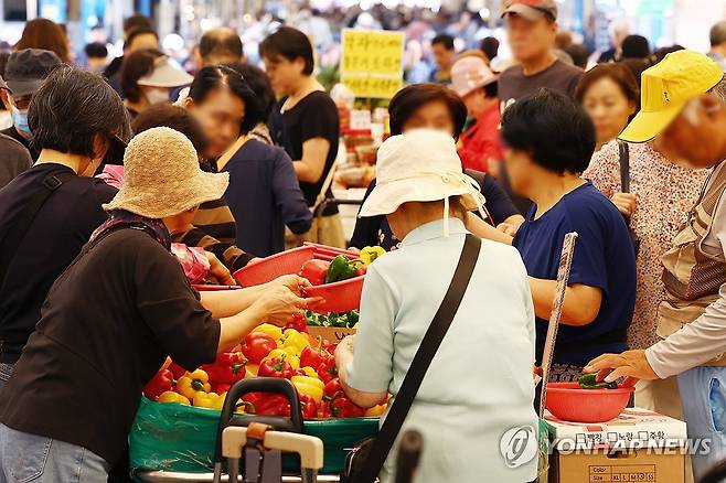 살아난 소비심리 (서울=연합뉴스) 진연수 기자 = 9월 소비심리가 한 달 만에 반등했다. 국내증시 변동폭이 축소된 가운데 양호한 실물경제 흐름에 힘입어 소득여건 개선 기대감이 높아진 영향으로 풀이된다. 
    한국은행이 23일 발표한 '소비자동향조사' 결과에 따르면 9월 소비자심리지수(CCSI)는 106.6으로 전월(104.5)보다 2.1포인트(p) 상승했다. 지수는 8월 2.3p 하락으로 방향을 바꿨다가 이달 다시 반등했다. 
    사진은 이날 서울 시내 전통시장에서 장 보는 시민 모습. 2026.9.23 jin90@yna.co.kr
