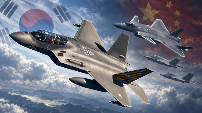 한국형 전투기 KF-21 보라매(왼쪽)와 중국의 5세대 스텔스 전투기 J-20, J-35를 함께 구성한 합성 이미지. 자료사진 합성