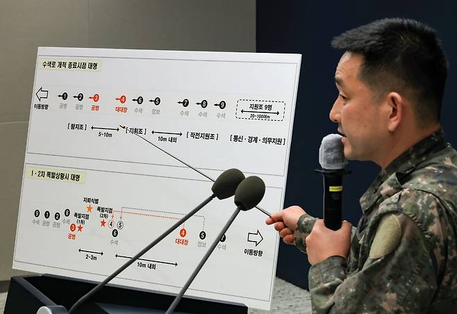양진혁 합동참모본부 작전부장이 28일 서울 용산구 국방부에서 열린 ‘비무장지대 지뢰 추정 폭발 사고’ 관련 브리핑에서 관련 자료를 설명하고 있다. 연합뉴스