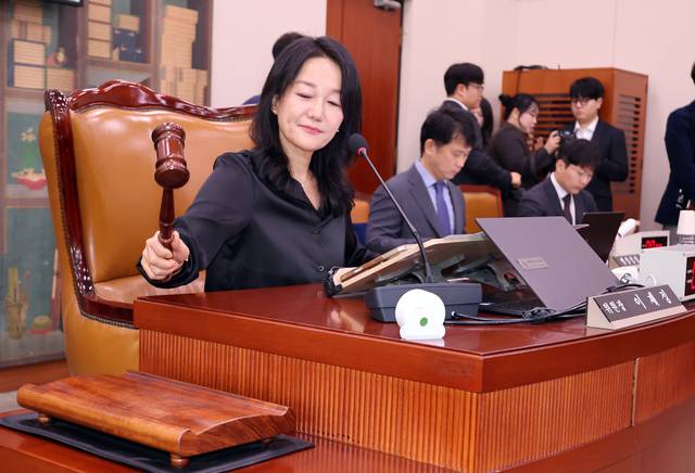 29일 국회에서 열린 문화체육관광위원회 전체회의에서 이재정 위원장이 국감 증인 등 출석 요구의 건을 의결하고 있다.  [연합뉴스]