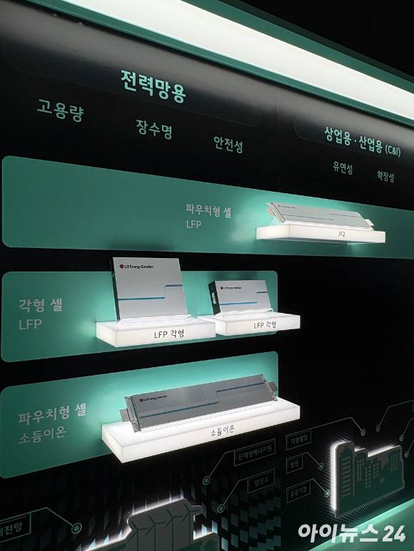 코엑스에서 열린 '인터배터리 2026' LG에너지솔루션 부스에 전력망용 에너지저장장치(ESS) 배터리 라인업이 전시돼 있다. [사진=권서아 기자]