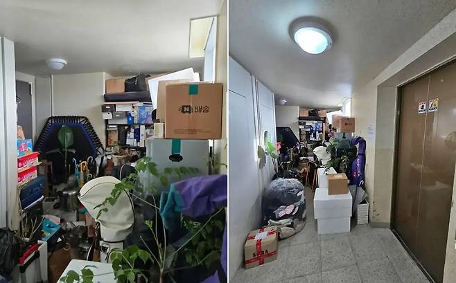 아파트 공용 복도에 개인 짐을 쌓아두고 먹다 남은 음식까지 내놓는 옆집 때문에 8년째 불편을 겪고 있다는 입주민 사연이 전해졌다./사진=온라인 커뮤니티