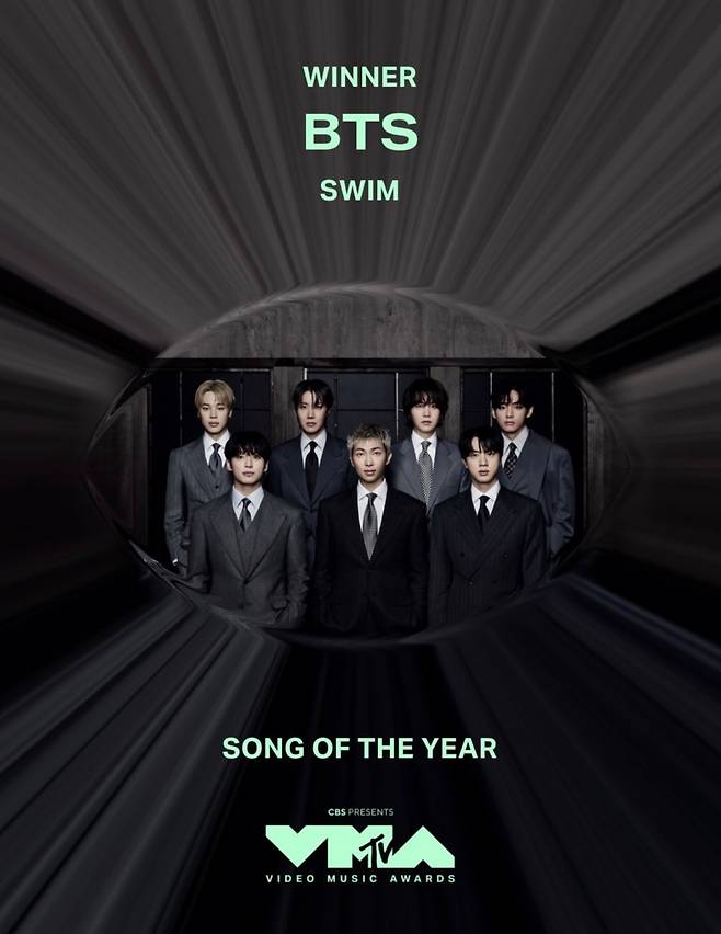 그룹 방탄소년단(BTS)이 VMA에서 ‘올해의 노래’를 수상하는 쾌거를 이루었다/사진제공=VMA