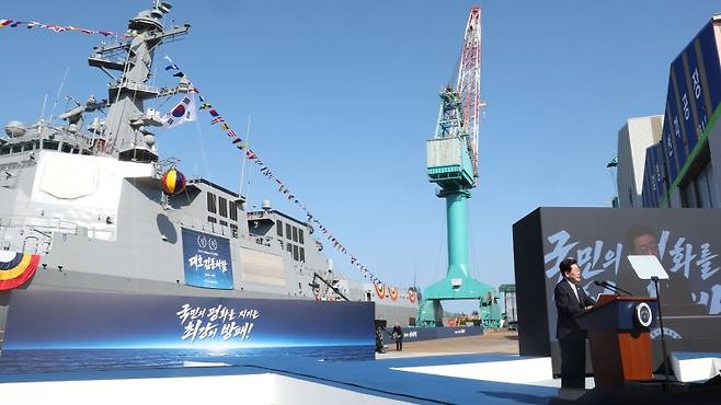 ▲ 대호김종서함 진수식에서 축사를 하고 있는 이재명 대통령 [연합뉴스]