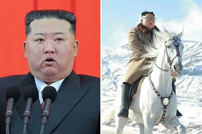 왼쪽 사진은 지난달 9월 9일 김정은 국무위원장이 정권수립일을 맞아 전체 주민에 축하 연설을 하는 모습, 오른쪽은 2019년 김정은 국무위원장이 백마를 타고 백두산 정상에 오르는 모습. 평양 노동신문=뉴스1·노동신문=뉴시스