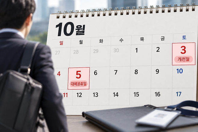 10월 3일 개천절과 5일 대체공휴일은 각각 법정 공휴일이자 유급휴일로 봐야 한다. 적용 대상은 상시근로자 5인 이상 사업장이다. [사진 | 챗GPT 생성 이미지]