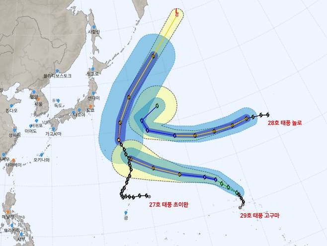 제 27호, 28호, 29호 태풍 초이완·놀로·고구마 예상경로·현재 위치 ©기상청&nbsp;