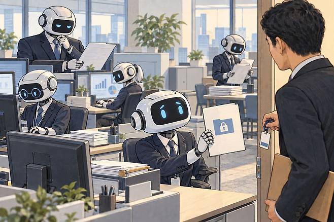 AI 직원들이 일하는 가상의 사무실 풍경. 챗GPT로 생성한 일러스트.