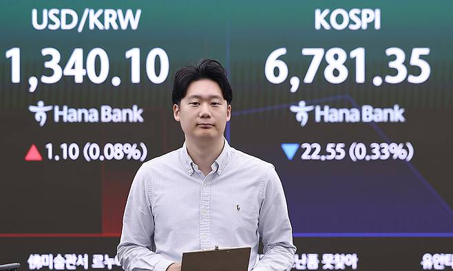 8일 오전 서울 중구 하나은행 본점 딜링룸에 코스피가 표시돼 있다. 이날 코스피는 개장 직후 상승 출발했지만, 곧 하락하며 6,800선에서 등락하고 있다. 연합뉴스